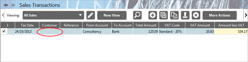 Accounting Software screenshot add a new customer to a transaction table
