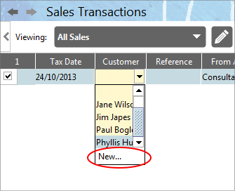 Accounting Software screenshot add a new customer to a transaction table new