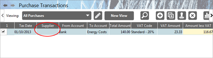 Accounting Software screenshot add a new supplier to a transaction table