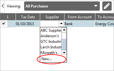 Accounting Software screenshot add a new supplier to a transaction table new