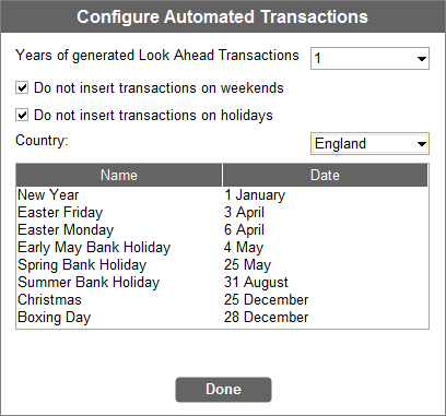 Accounting Software screenshot automated holiday settings