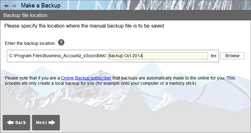Accounting Software screenshot business make a backup