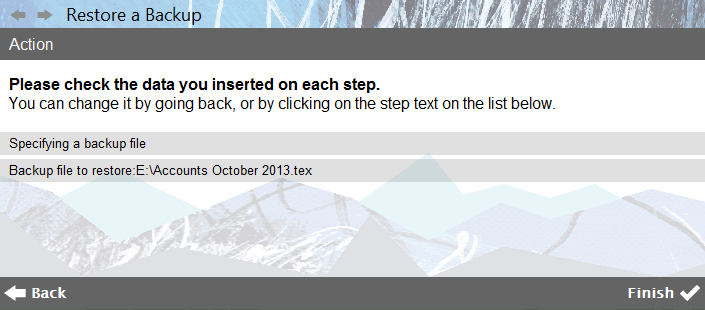 Accounting Software screenshot business restore a backup specify file final
