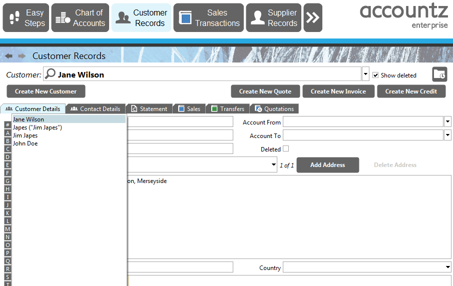 Accounting Software screenshot customer search