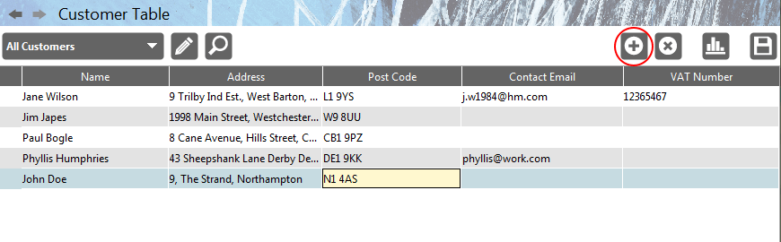 Accounting Software screenshot customer table add new customer