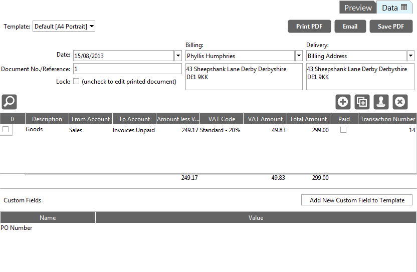 Accounting Software screenshot document editor data tab