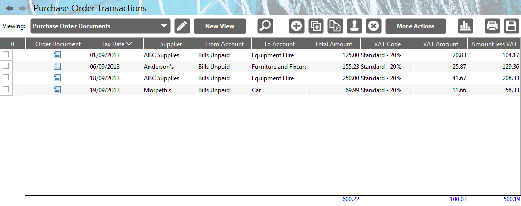 Accounting Software screenshot purchase order transactions