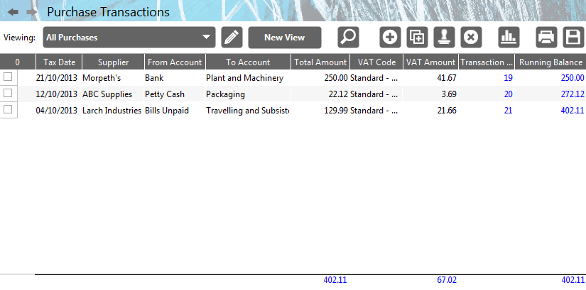 Accounting Software screenshot purchase transactions