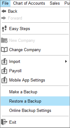 Accounting Software screenshot restore a backup business menu