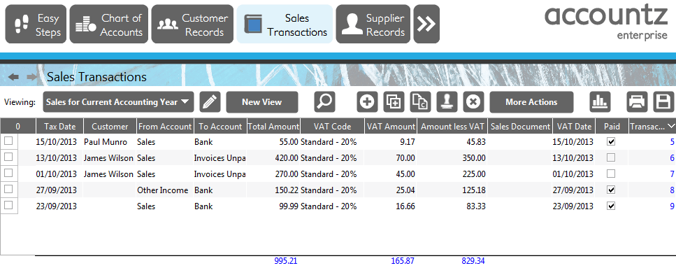 Accounting Software screenshot sales transactions