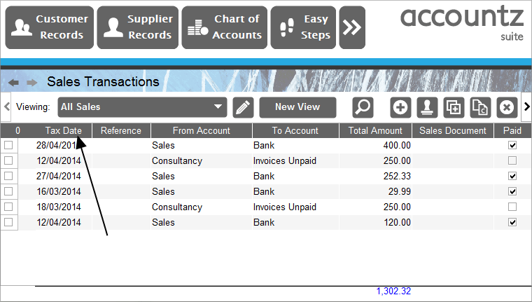 Accounting Software screenshot sorting by date 1