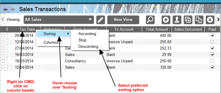 Accounting Software screenshot sorting by date 5