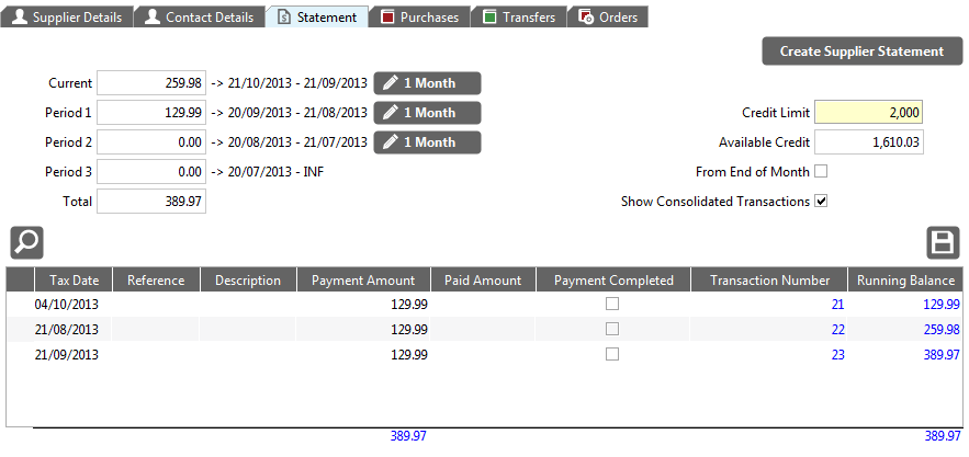 Accounting Software screenshot supplier records new statement tab