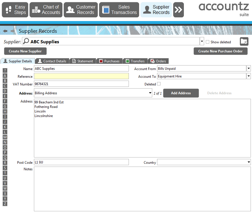 Accounting Software screenshot supplier records overview