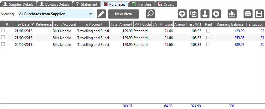 Accounting Software screenshot supplier records tab panel purchase