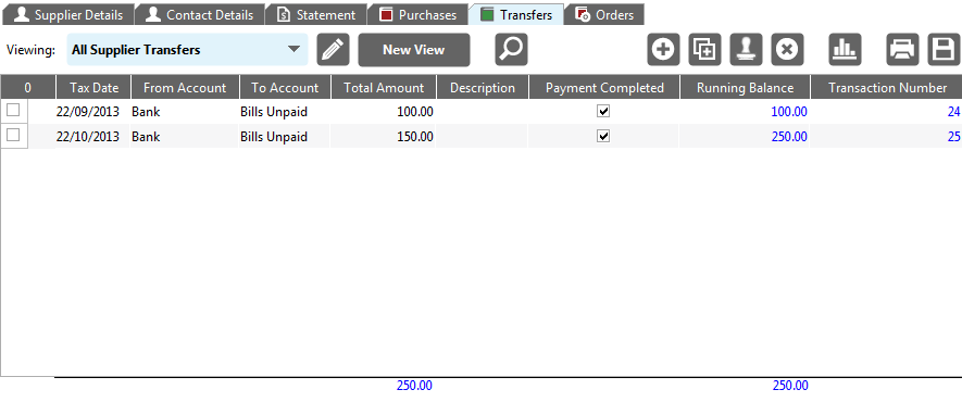 Accounting Software screenshot supplier records tab panel transfers