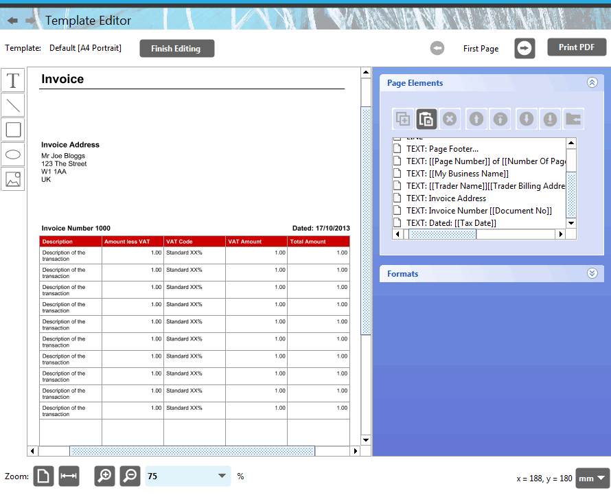 Accounting Software screenshot template editor