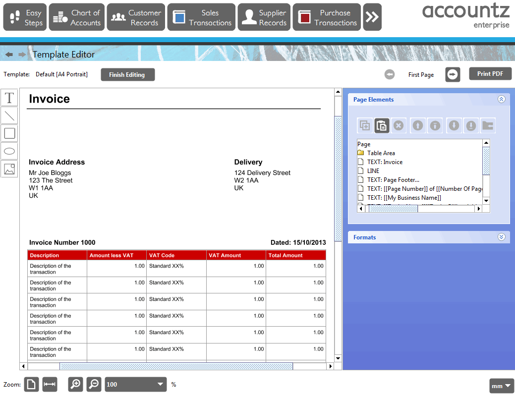 Accounting Software screenshot template editor