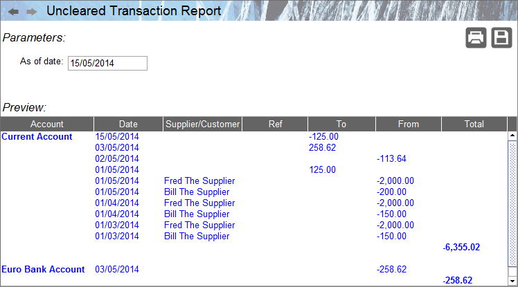Accounting Software screenshot uncleared transactions report