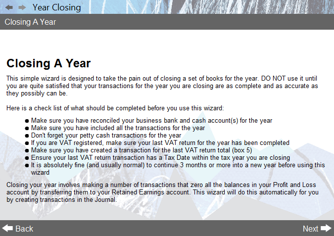 Accounting Software screenshot year closing