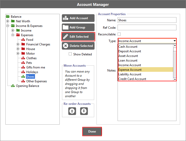 Accounting Software edit account types