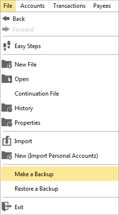 Accounting Software menu make a backup