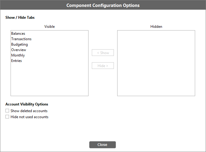 Accounting Software screenshot component configuration options