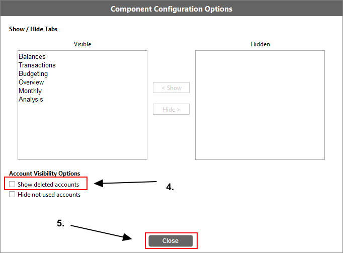 Accounting Software screenshot component configuration options show deleted accounts 2