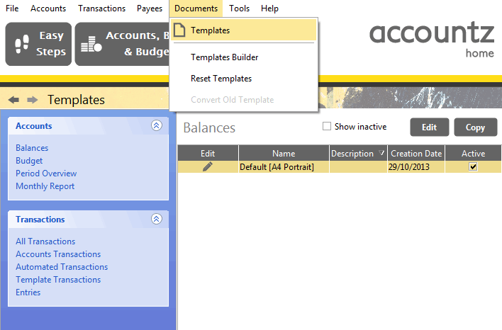 Accounting Software screenshot customising single document templates