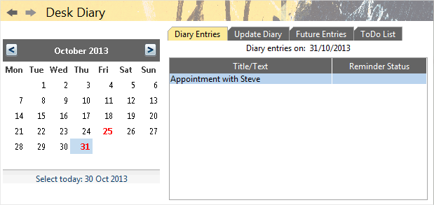 Accounting Software screenshot desk diary diary entries tab