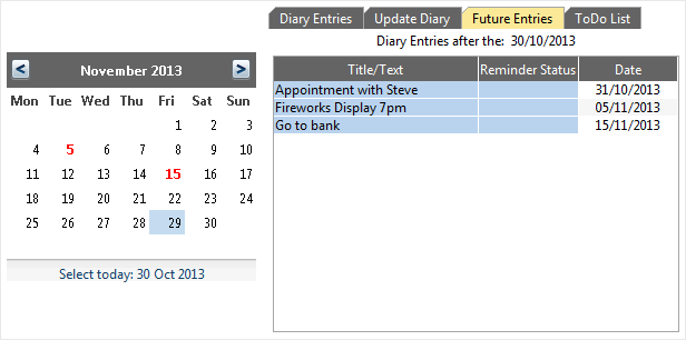 Accounting Software screenshot desk diary future entries tab