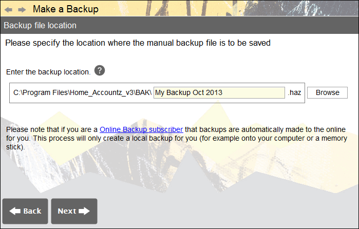 Accounting Software screenshot make a backup