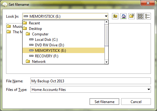 Accounting Software screenshot make a backup memory stick