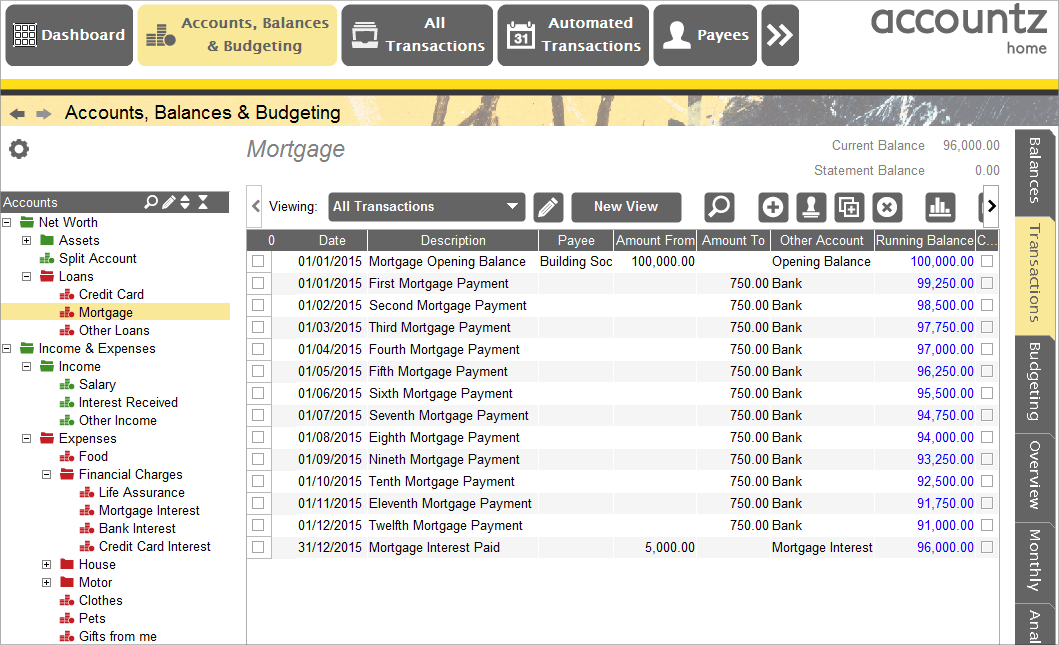 Accounting Software screenshot mortgage transactions 11