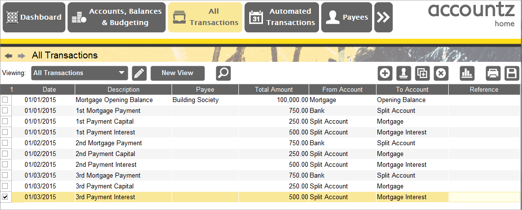 Accounting Software screenshot mortgage transactions 13