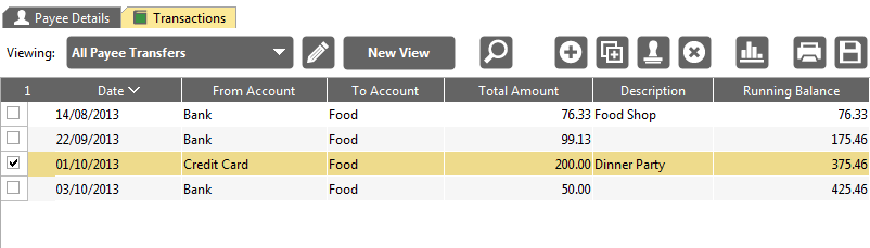 Accounting Software screenshot payees transactions tab