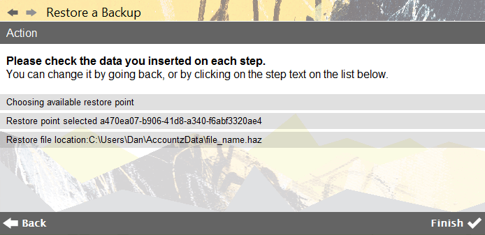 Accounting Software screenshot restore a backup final