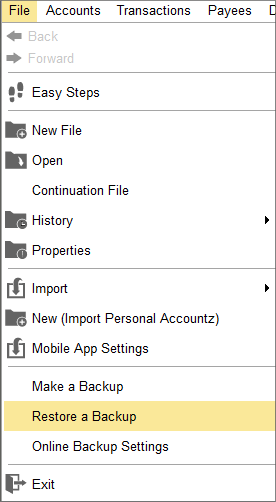 Accounting Software screenshot restore a backup home 1