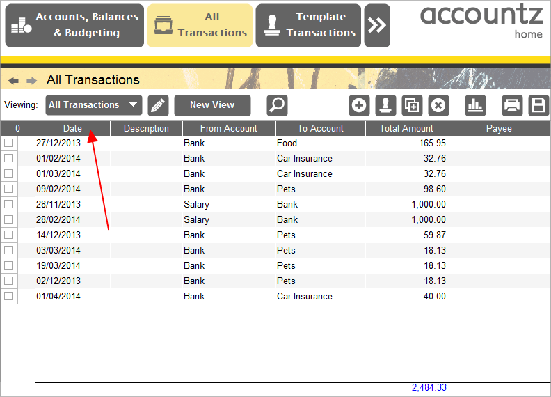 Accounting Software screenshot sorting transactions into date order home accountz 1