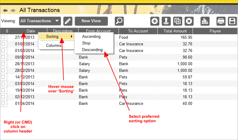 Accounting Software screenshot sorting transactions into date order home accountz 5