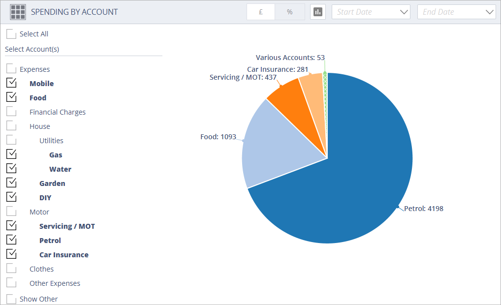 Accounting Software screenshot spending by account