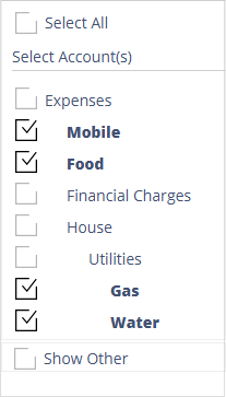 Accounting Software screenshot spending by account selector