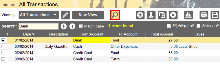 Accounting Software screenshot table search