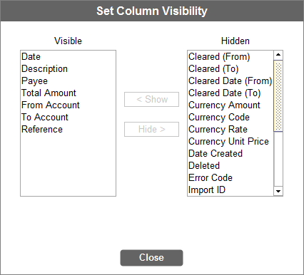 Accounting Software table set column visibility